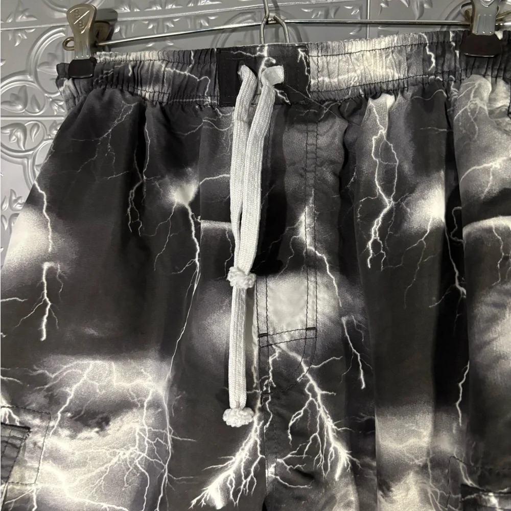 Outlooks Y2K 90s mens Black Swim Trunks shorts grey lightning print Board Shorts
